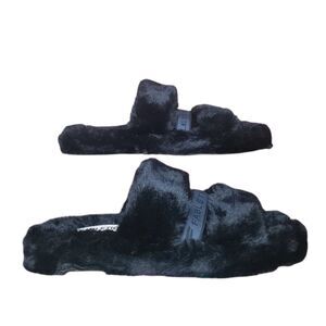 FABLETICS Black Faux Fur Slides Slide Slippers Sandals Womens Size 9